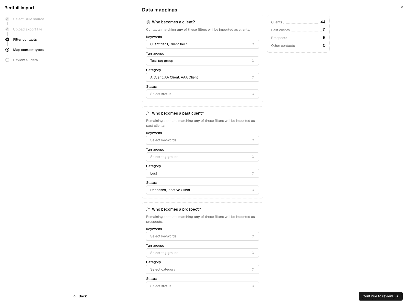 Slant's Redtail import—mapping contacts into clients, past clients, and prospects by keyword, tag group, category, and status