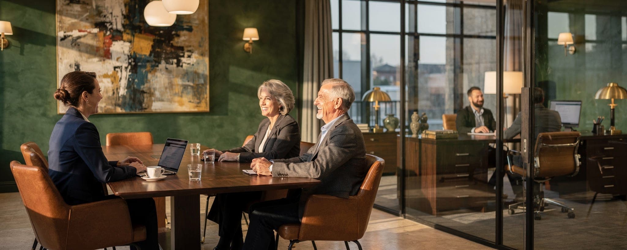 An advisor meets with a couple in a wood-panelled office