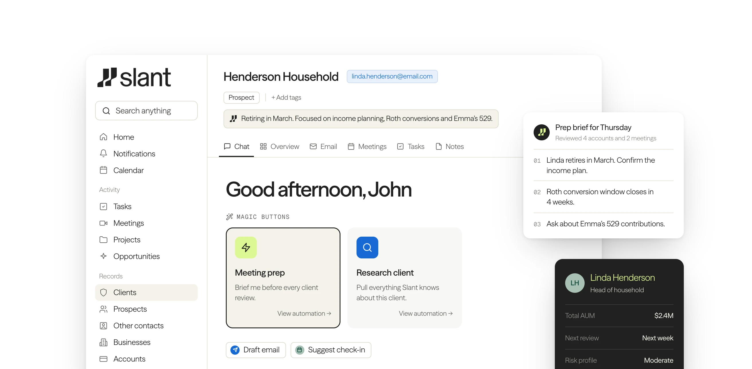 Slant's client record for the Henderson household with magic buttons, a Thursday prep brief and a client summary card