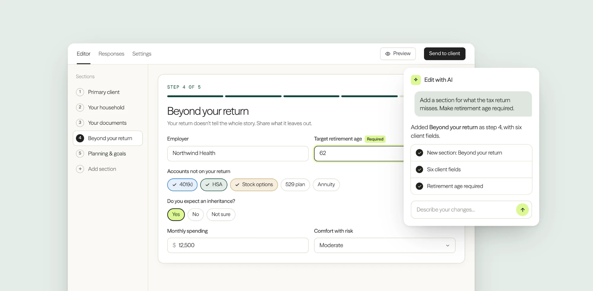 Slant's intake form editor, with Edit with AI adding a “Beyond your return” section and making retirement age required