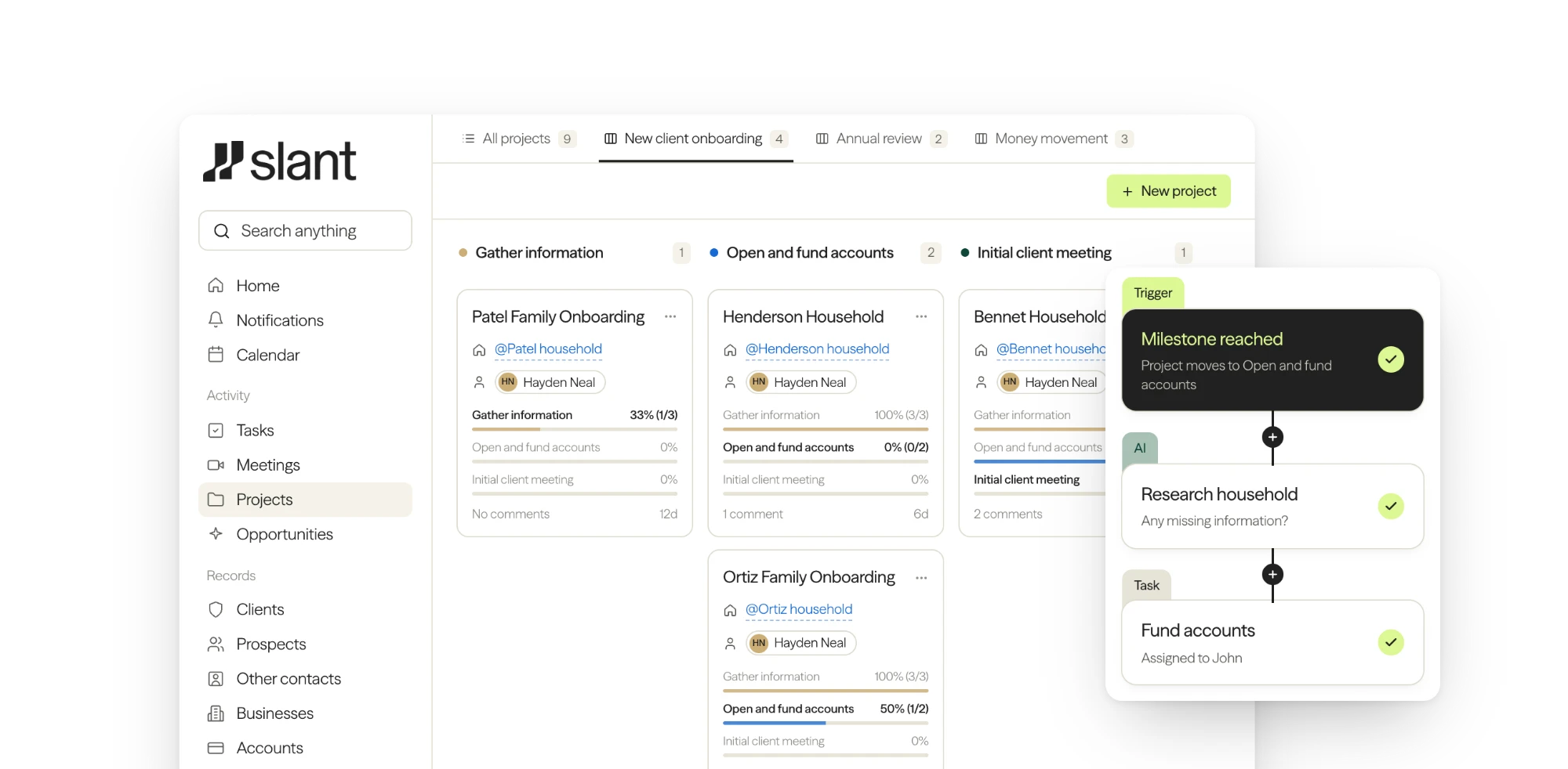 Slant's new client onboarding board with household project cards and an automation that researches the household and assigns account funding